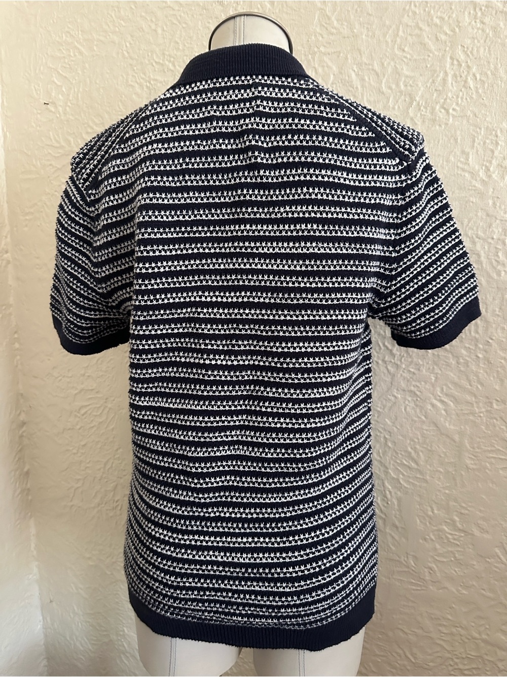 Abercrombie and Fitch Textural Stripe Johnny Collar Sweater Polo Dark Blue White - Picture 5 of 8